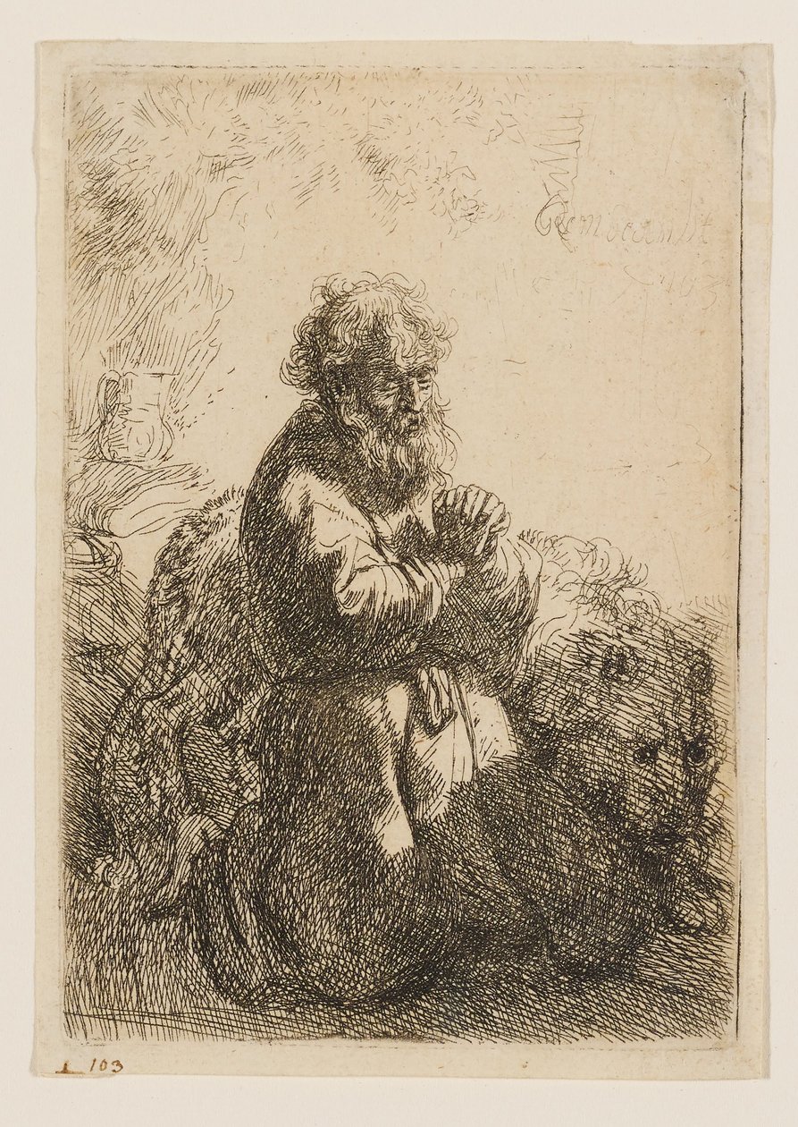 São Jerónimo ajoelhado em oração, com o olhar voltado para baixo de Rembrandt van Rijn