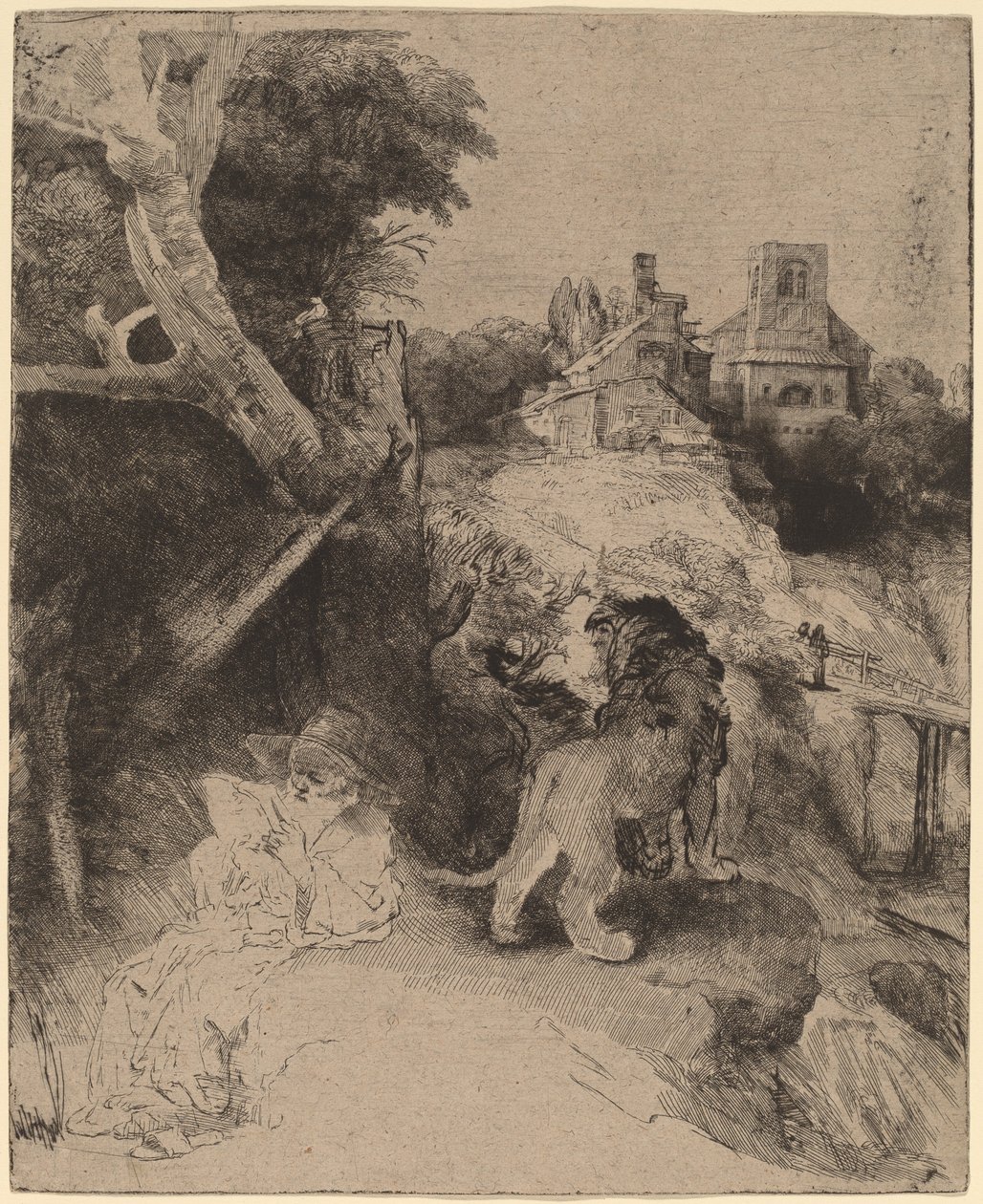 São Jerônimo lendo em uma paisagem italiana de Rembrandt van Rijn