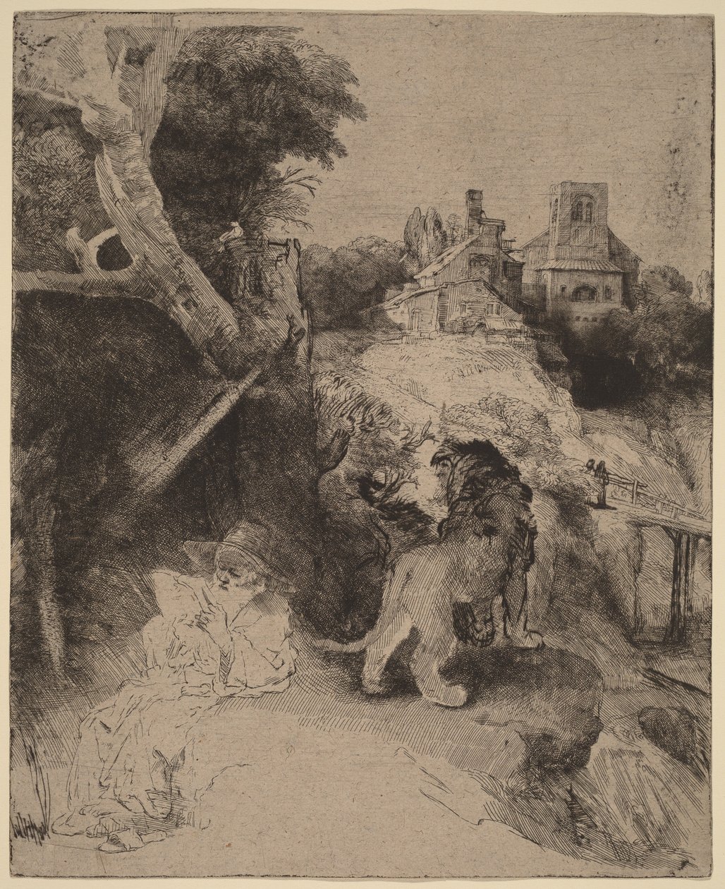 São Jerónimo a ler numa paisagem italiana de Rembrandt van Rijn