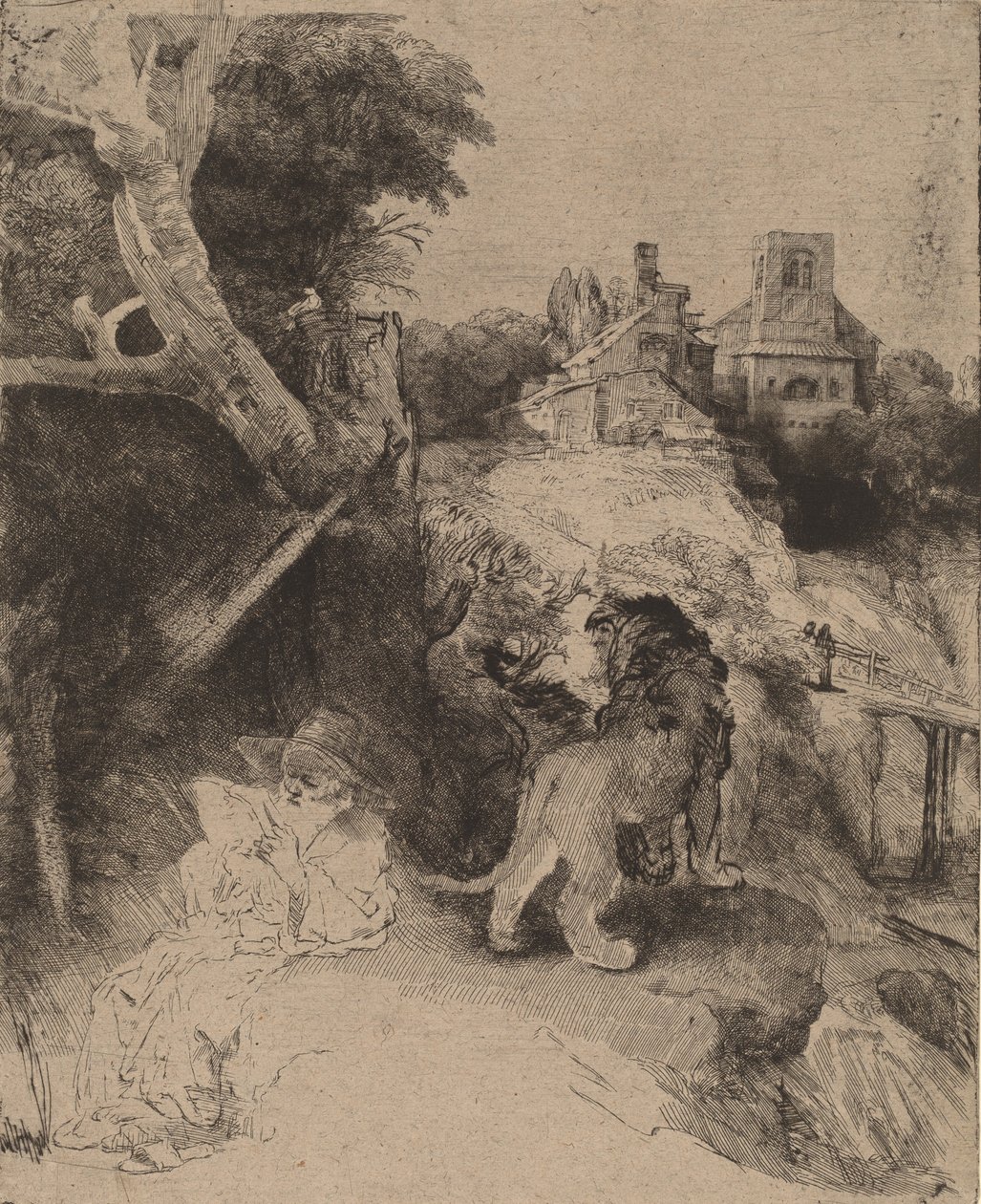 São Jerônimo lendo em uma paisagem italiana, c. 1653. de Rembrandt van Rijn
