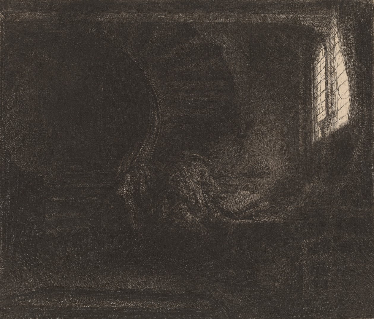 São Jerônimo em uma câmara escura, 1642. de Rembrandt van Rijn