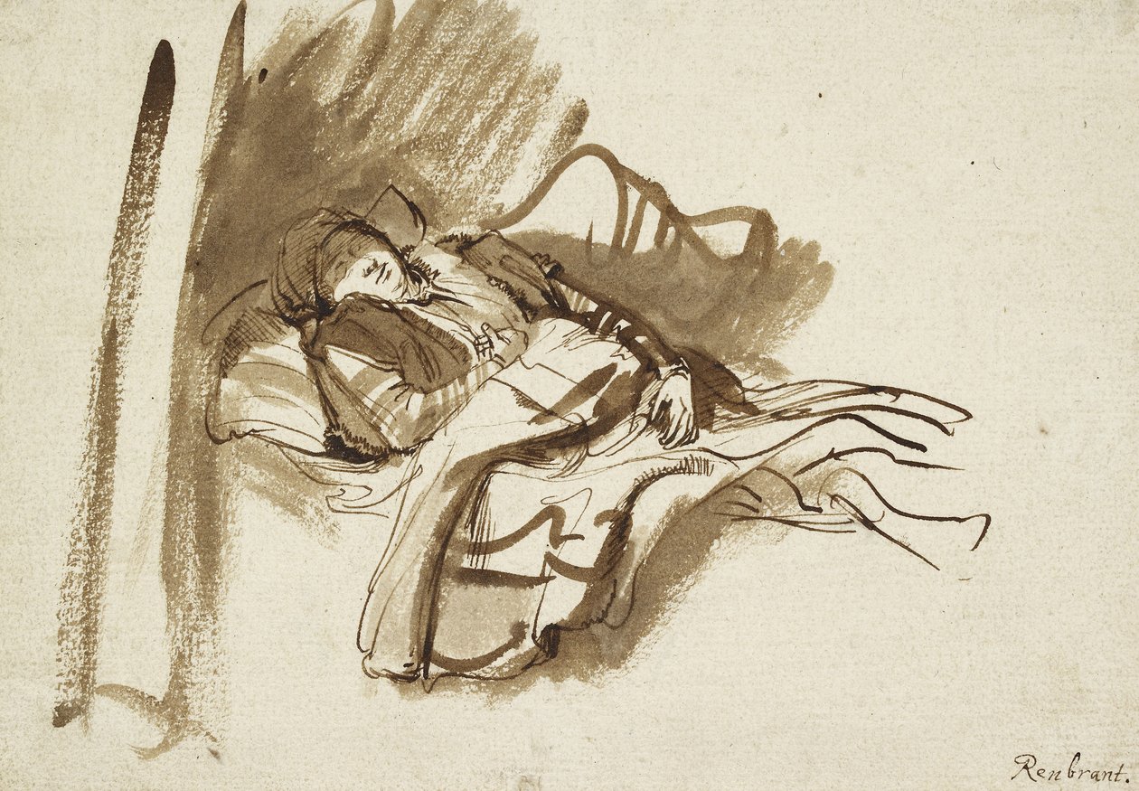 Saskia dormindo na cama (caneta e tinta marrom) de Rembrandt van Rijn
