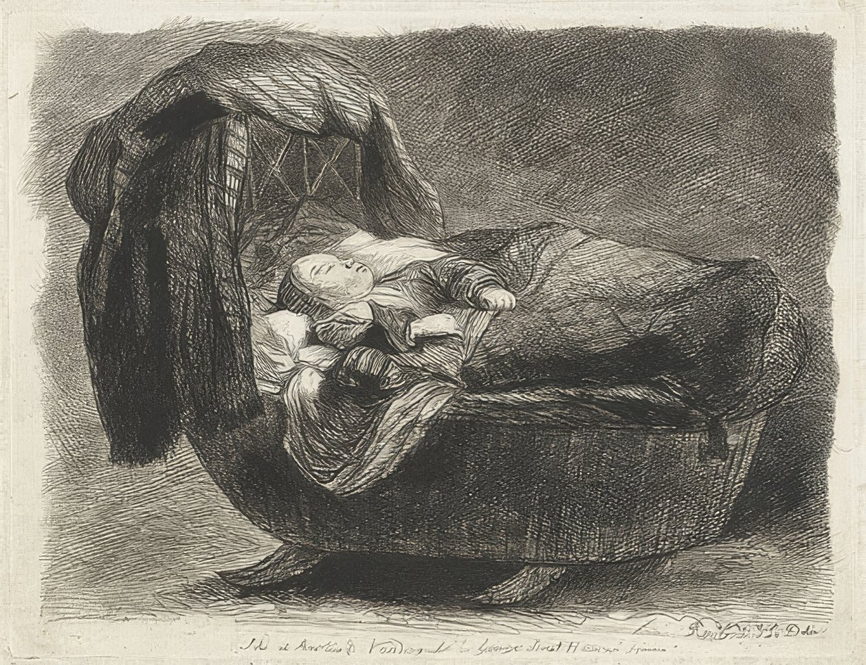 Criança dormindo em um berço (tipo esbofeteado em um berço) de Rembrandt van Rijn