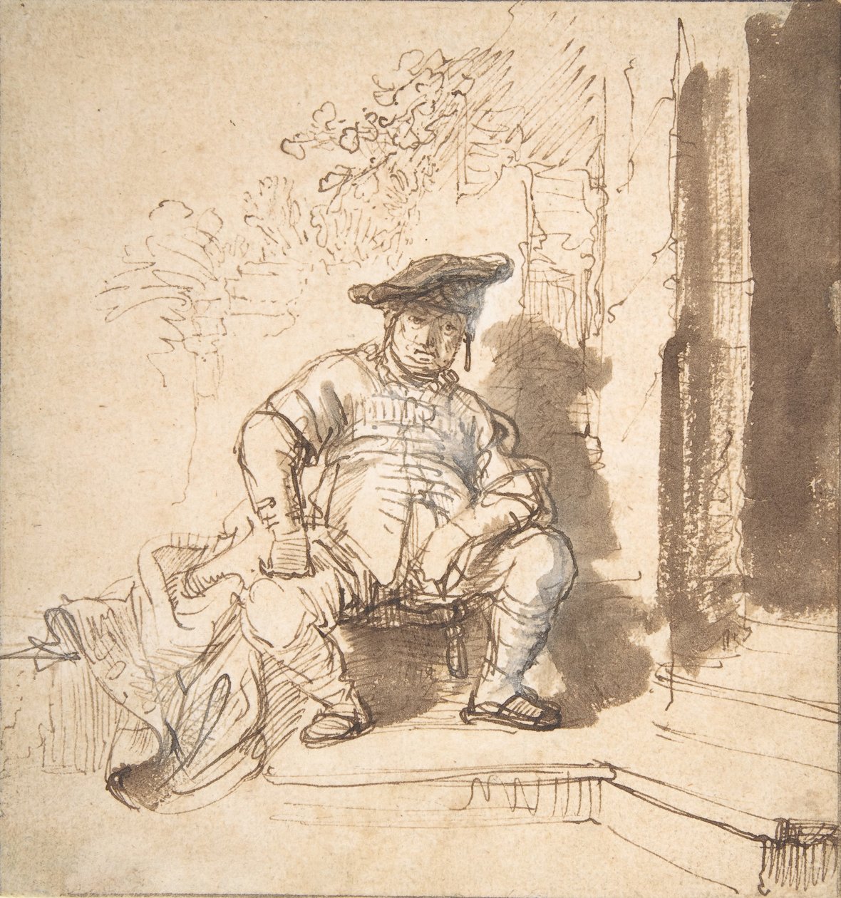 Homem sentado usando um boné chato, 1635-40. de Rembrandt van Rijn