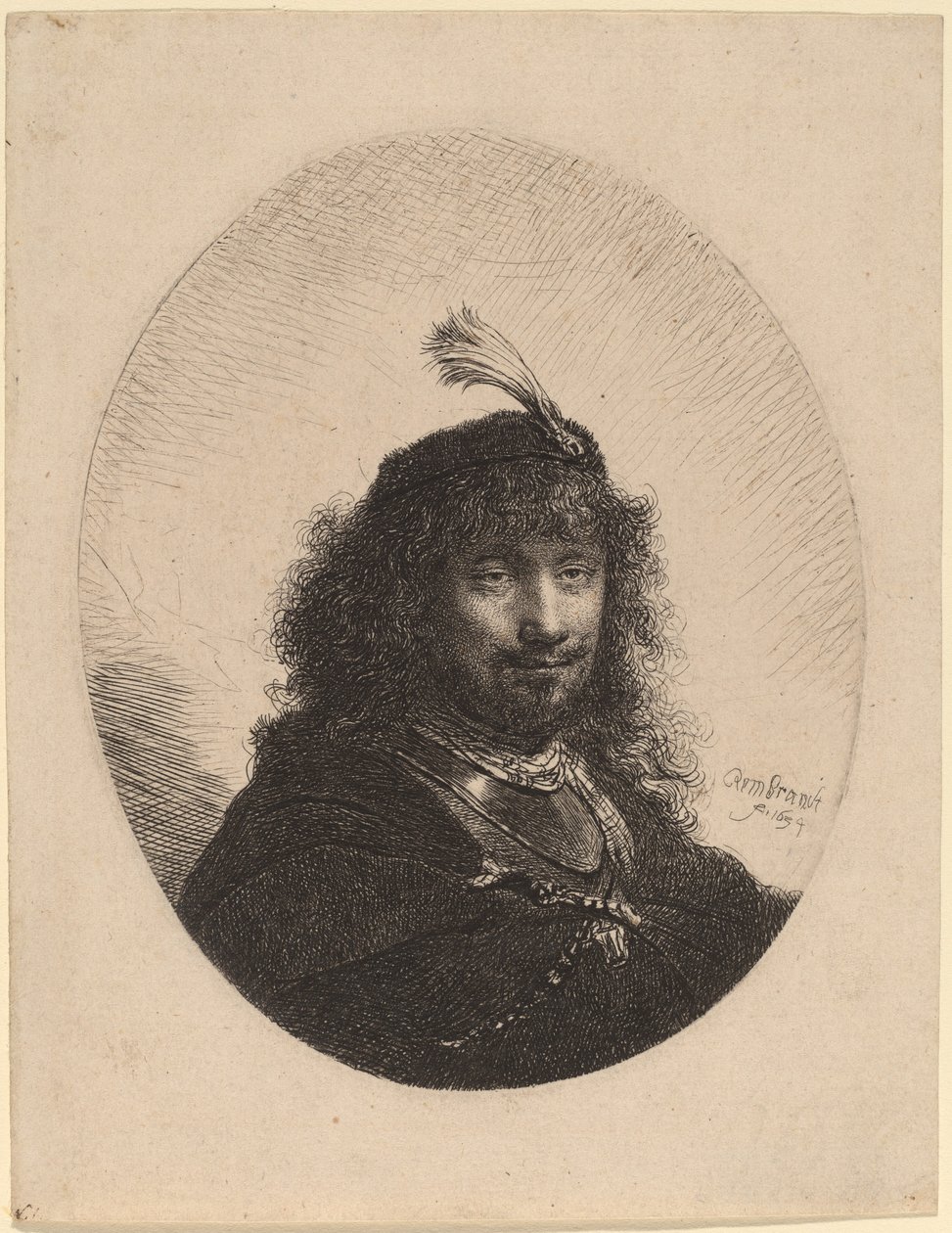 Autorretrato (?) com gorro emplumado e sabre rebaixado de Rembrandt van Rijn