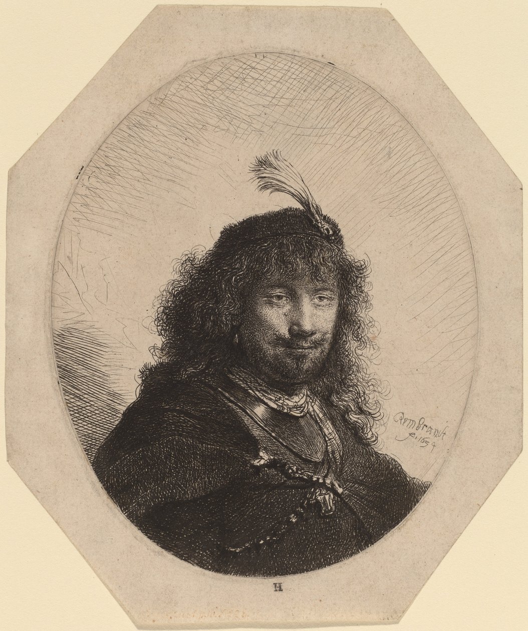 Autorretrato (?) com gorro emplumado e sabre rebaixado de Rembrandt van Rijn