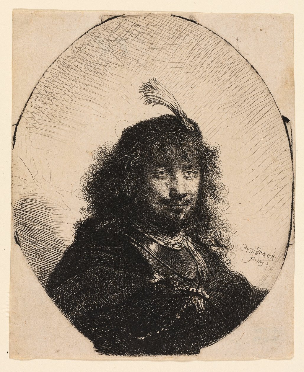 Autorretrato (?) com gorro emplumado e sabre rebaixado de Rembrandt van Rijn
