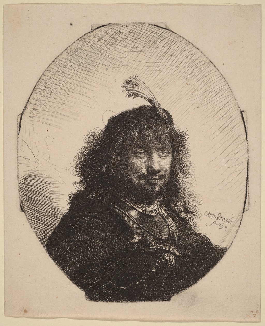 Auto-retrato () com gorro com plumas e sabre abaixado de Rembrandt van Rijn