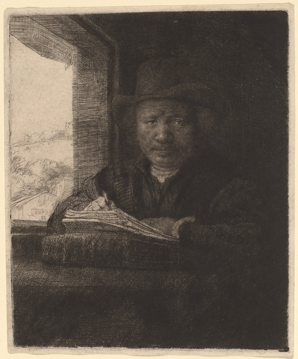 Desenho de autorretrato em uma janela de Rembrandt van Rijn