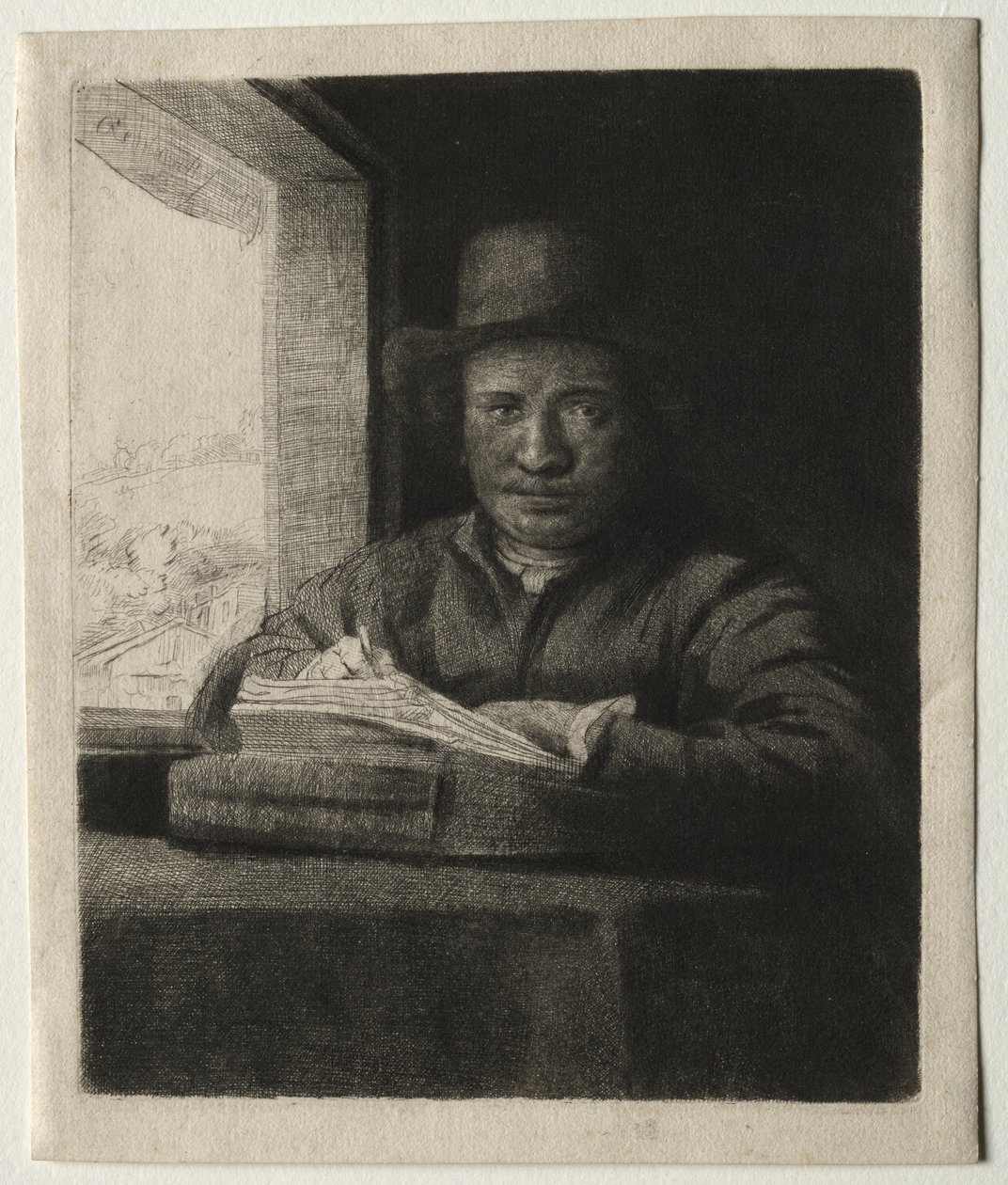 Desenho de autorretrato em uma janela de Rembrandt van Rijn