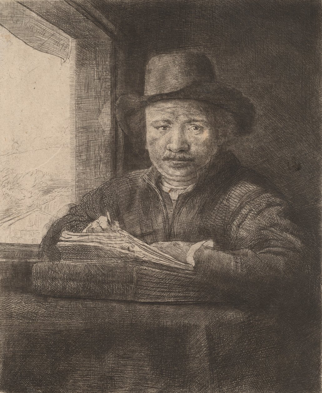 Desenho de autorretrato em uma janela, 1648. de Rembrandt van Rijn