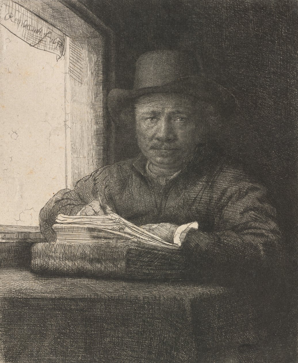 Desenho de autorretrato em uma janela, 1648. de Rembrandt van Rijn