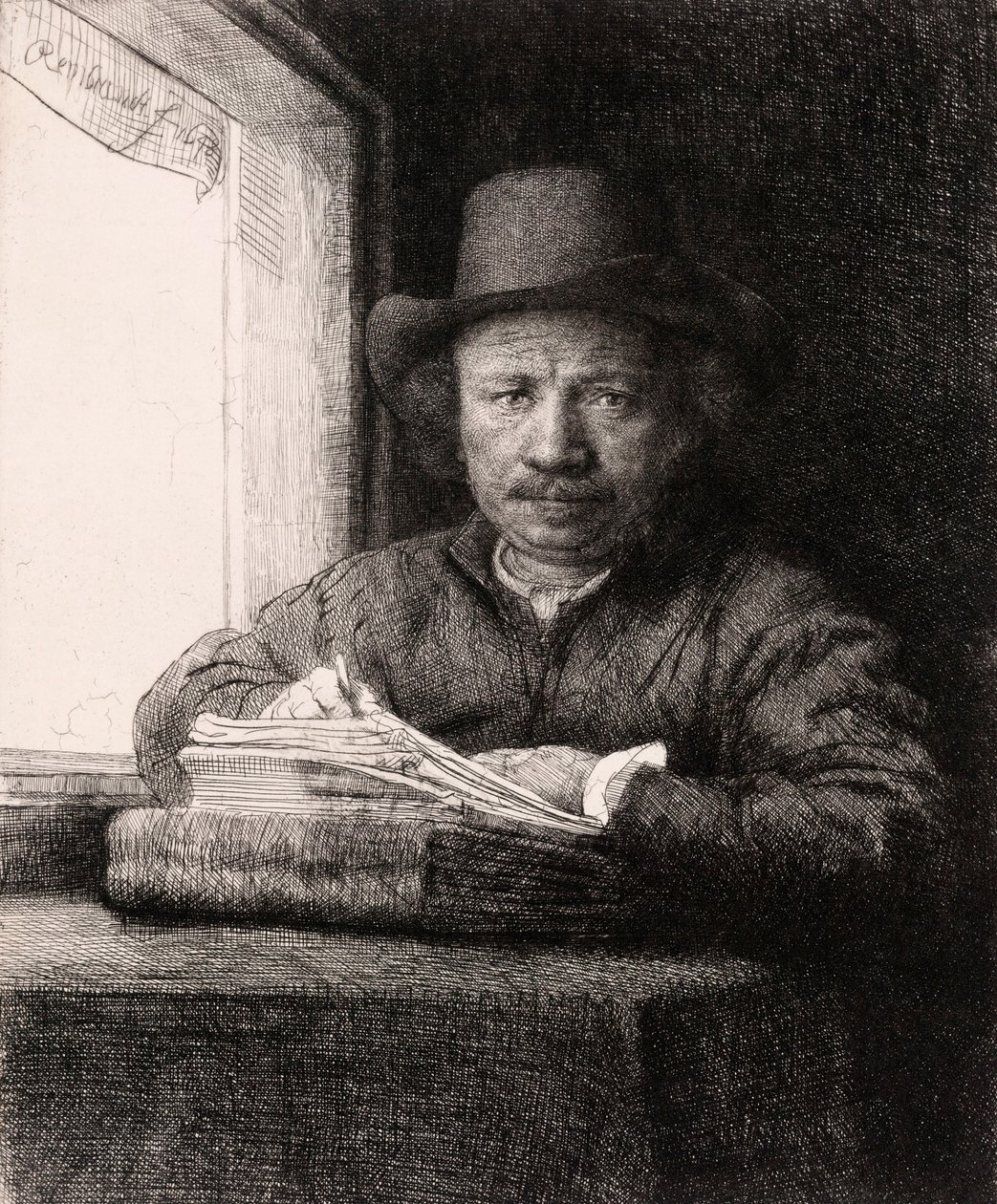 Desenho auto-retrato em uma janela por Rembrandt van Rijn de Rembrandt van Rijn