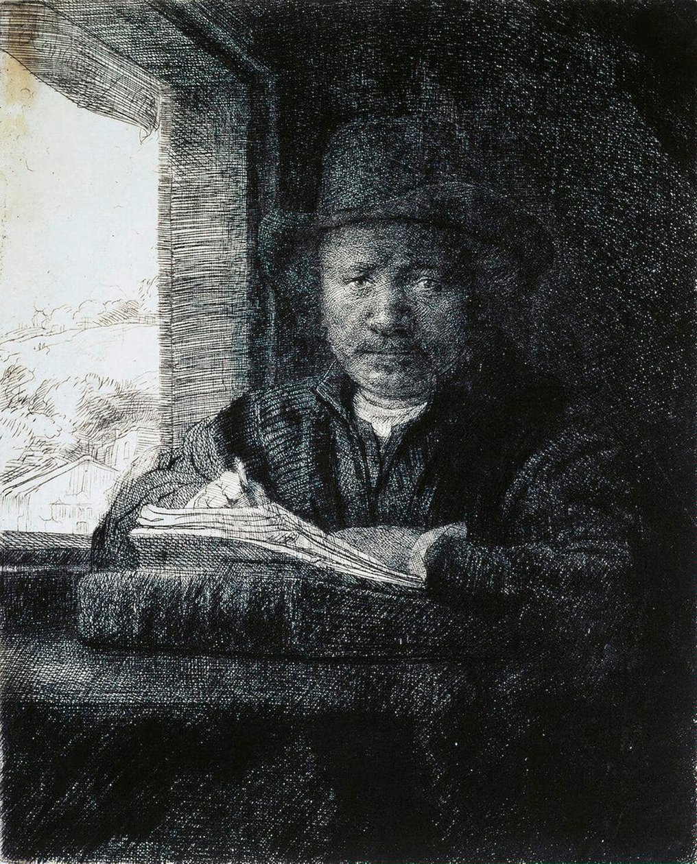 Desenho de auto-retrato por uma janela, 1648. de Rembrandt van Rijn