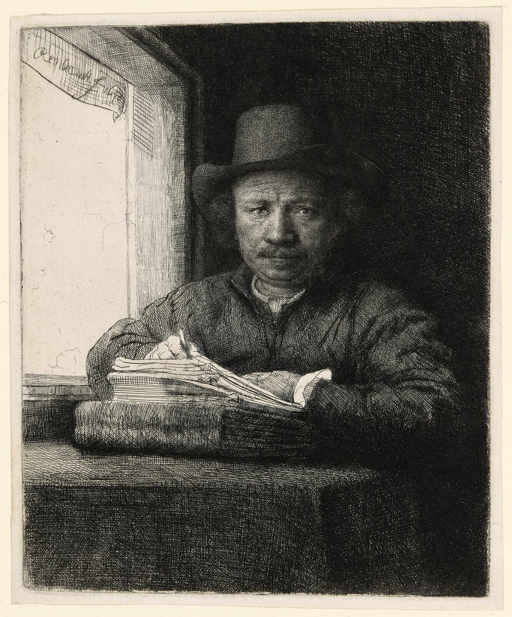 Gravura de autorretrato em uma janela de Rembrandt van Rijn