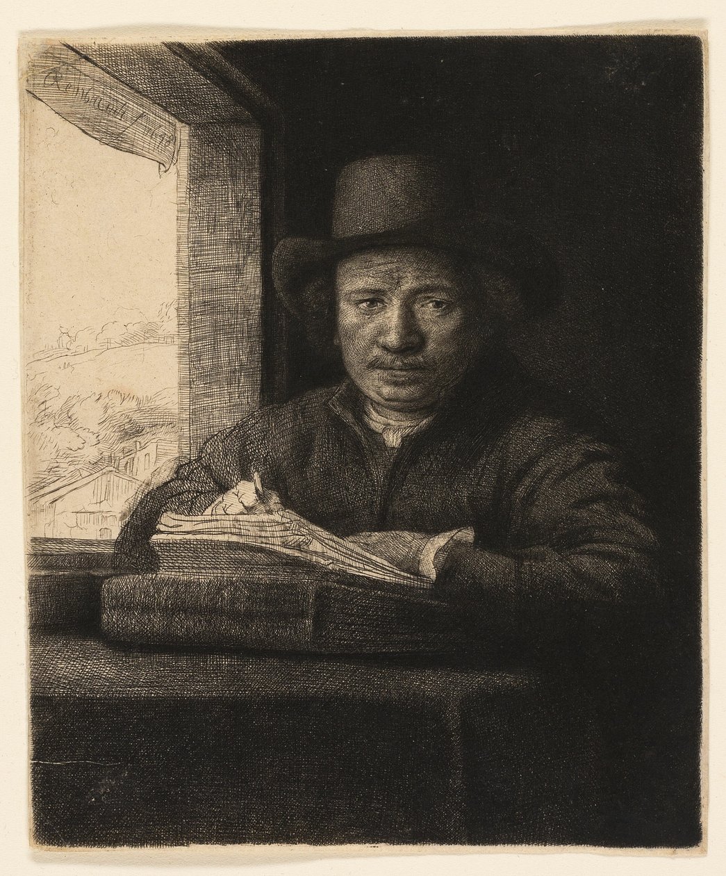 Gravura de autorretrato em uma janela de Rembrandt van Rijn