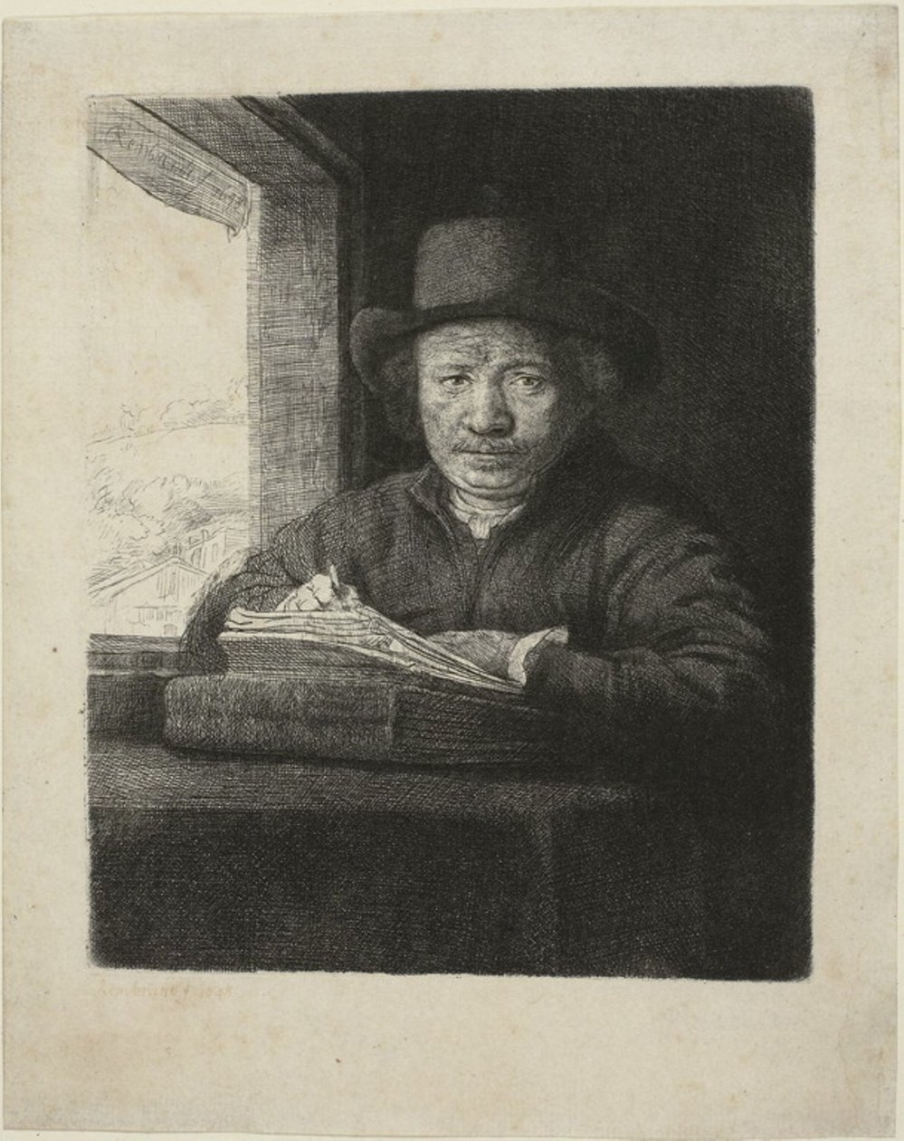 Gravura de autorretrato em uma janela de Rembrandt van Rijn