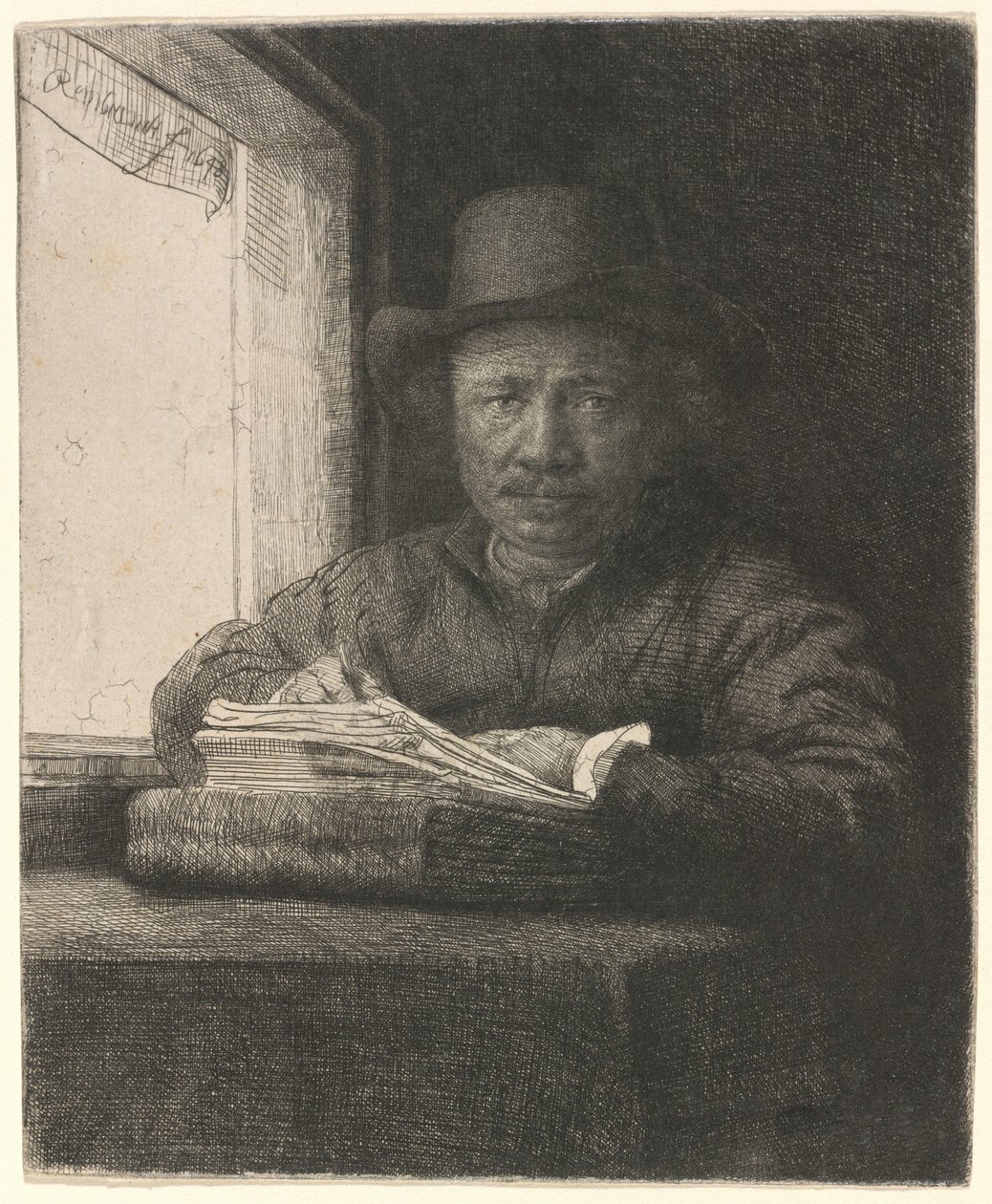 Auto-retrato em gravura junto a uma janela de Rembrandt van Rijn