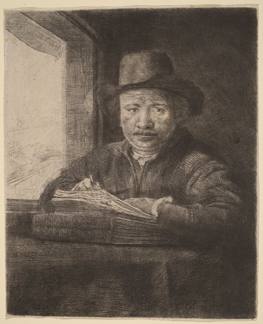 Auto-retrato em gravura junto a uma janela de Rembrandt van Rijn