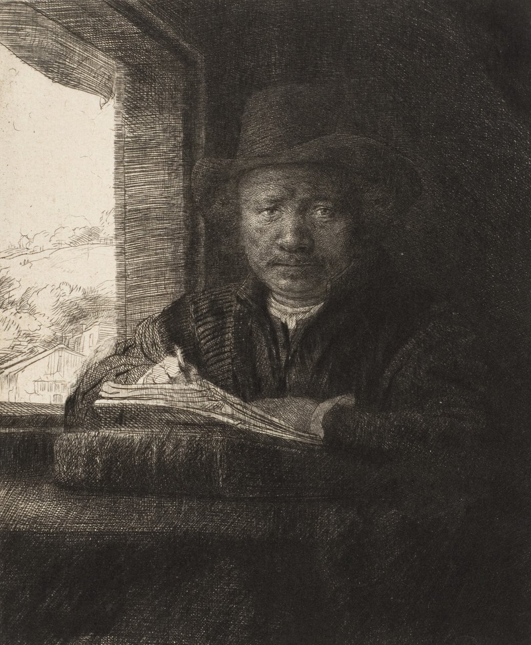 Gravura de autorretrato em uma janela, 1648., 1648. de Rembrandt van Rijn