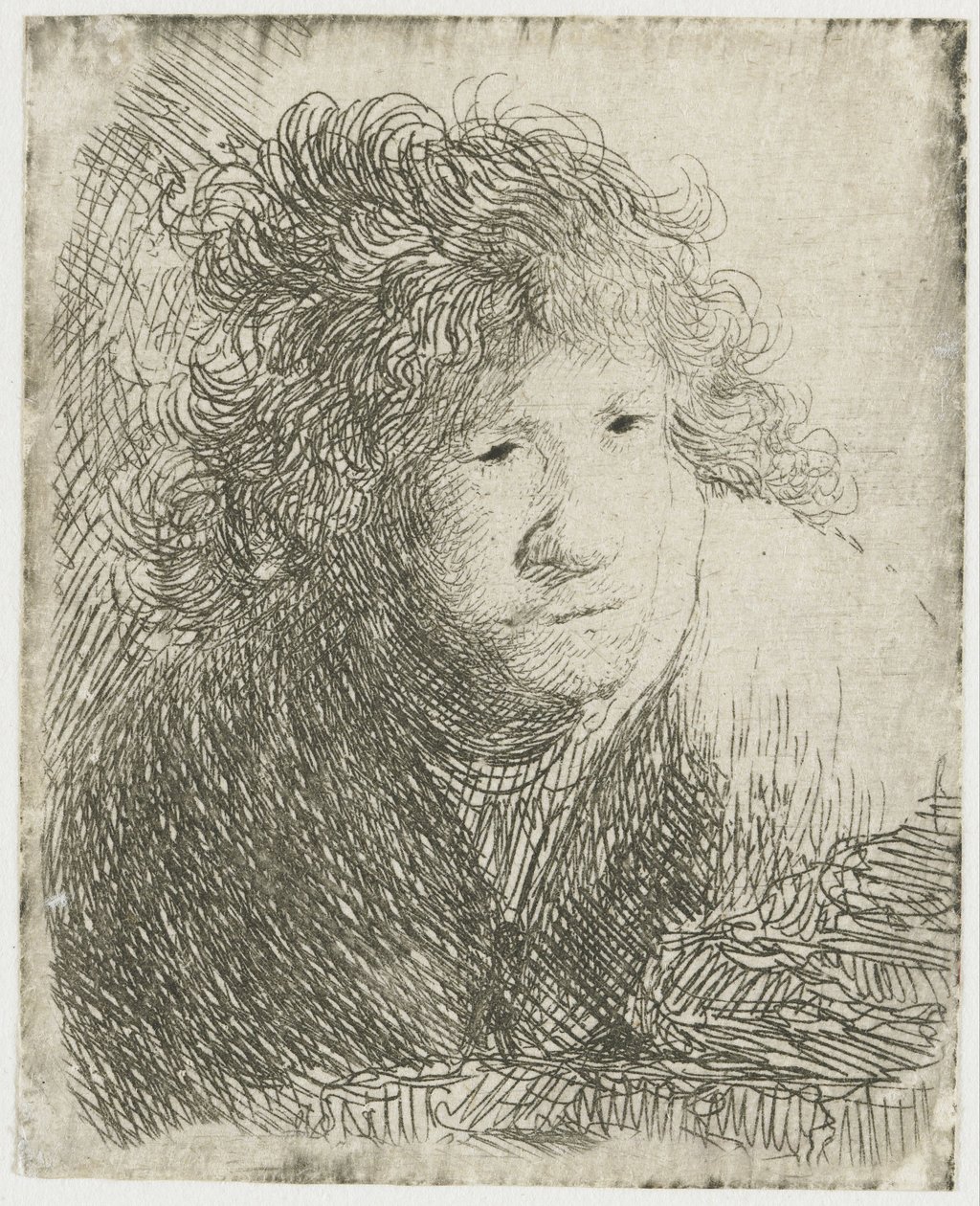 Auto-retrato, inclinando-se para a frente, ouvindo, 1628. de Rembrandt van Rijn