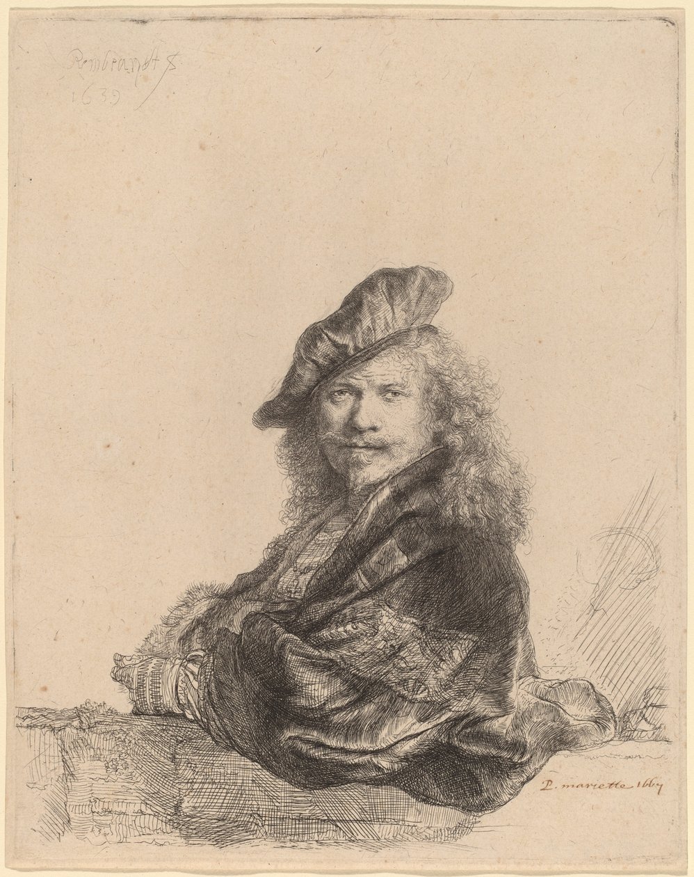 Auto-retrato apoiado em um peitoril de pedra de Rembrandt van Rijn