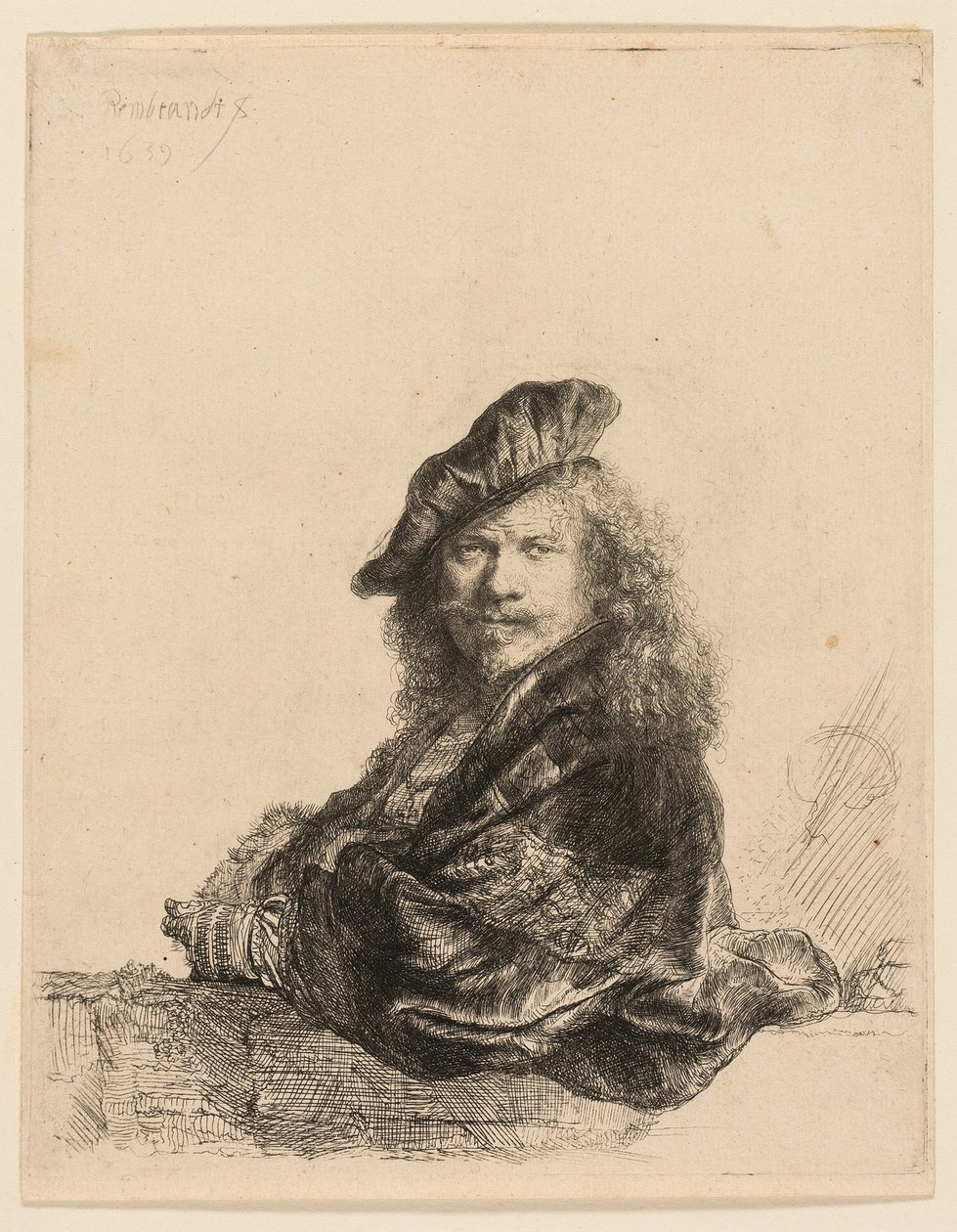 Auto-retrato apoiado em um peitoril de pedra de Rembrandt van Rijn