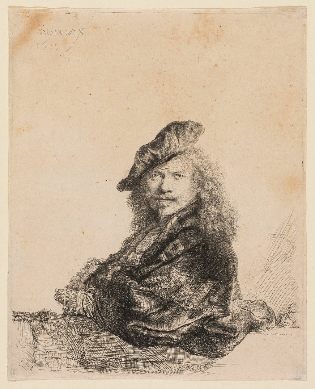 Auto-retrato apoiado em um peitoril de pedra de Rembrandt van Rijn