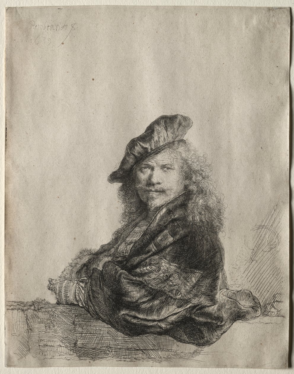 Auto-retrato apoiado em um peitoril de pedra de Rembrandt van Rijn