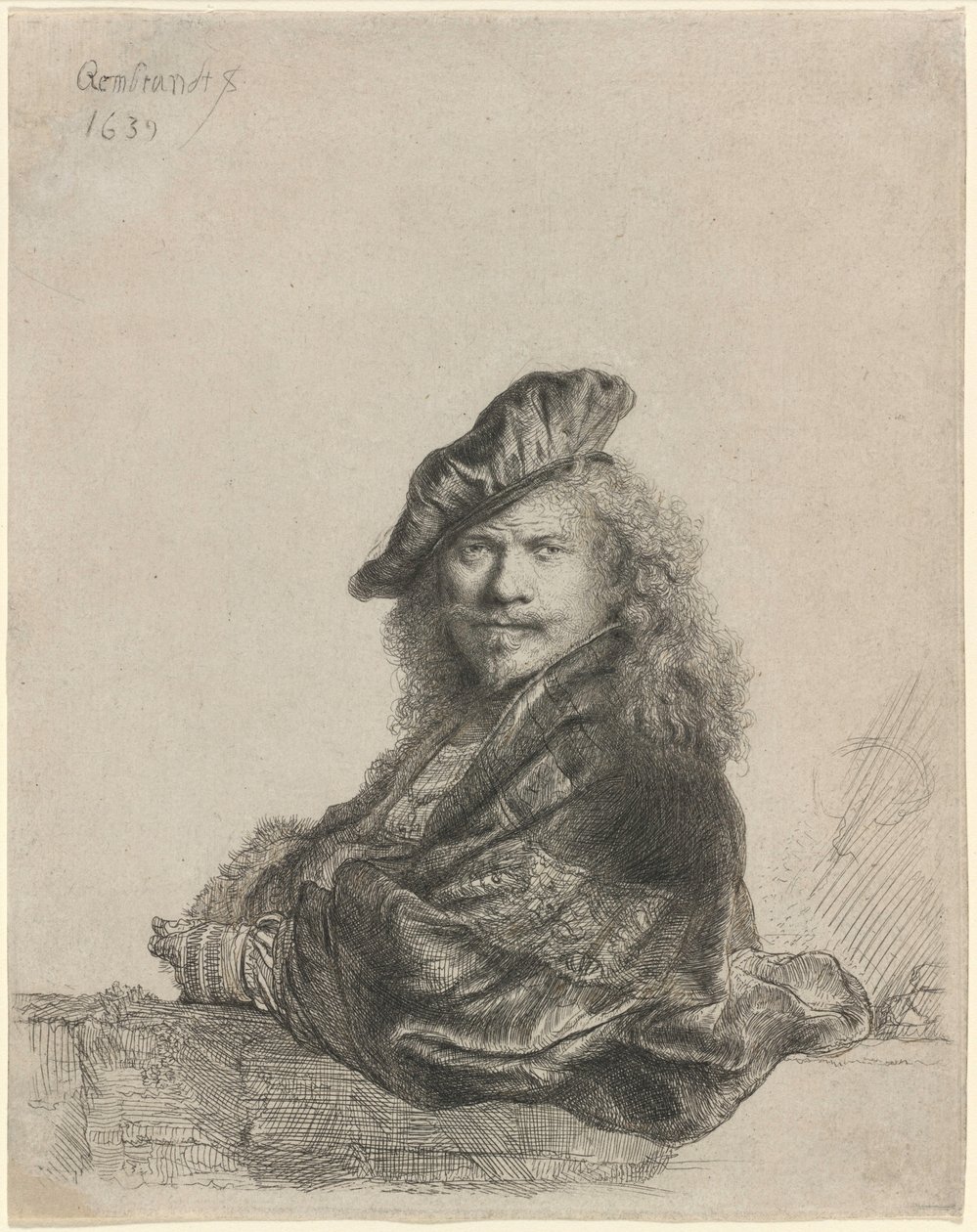Autorretrato encostado num parapeito de pedra de Rembrandt van Rijn