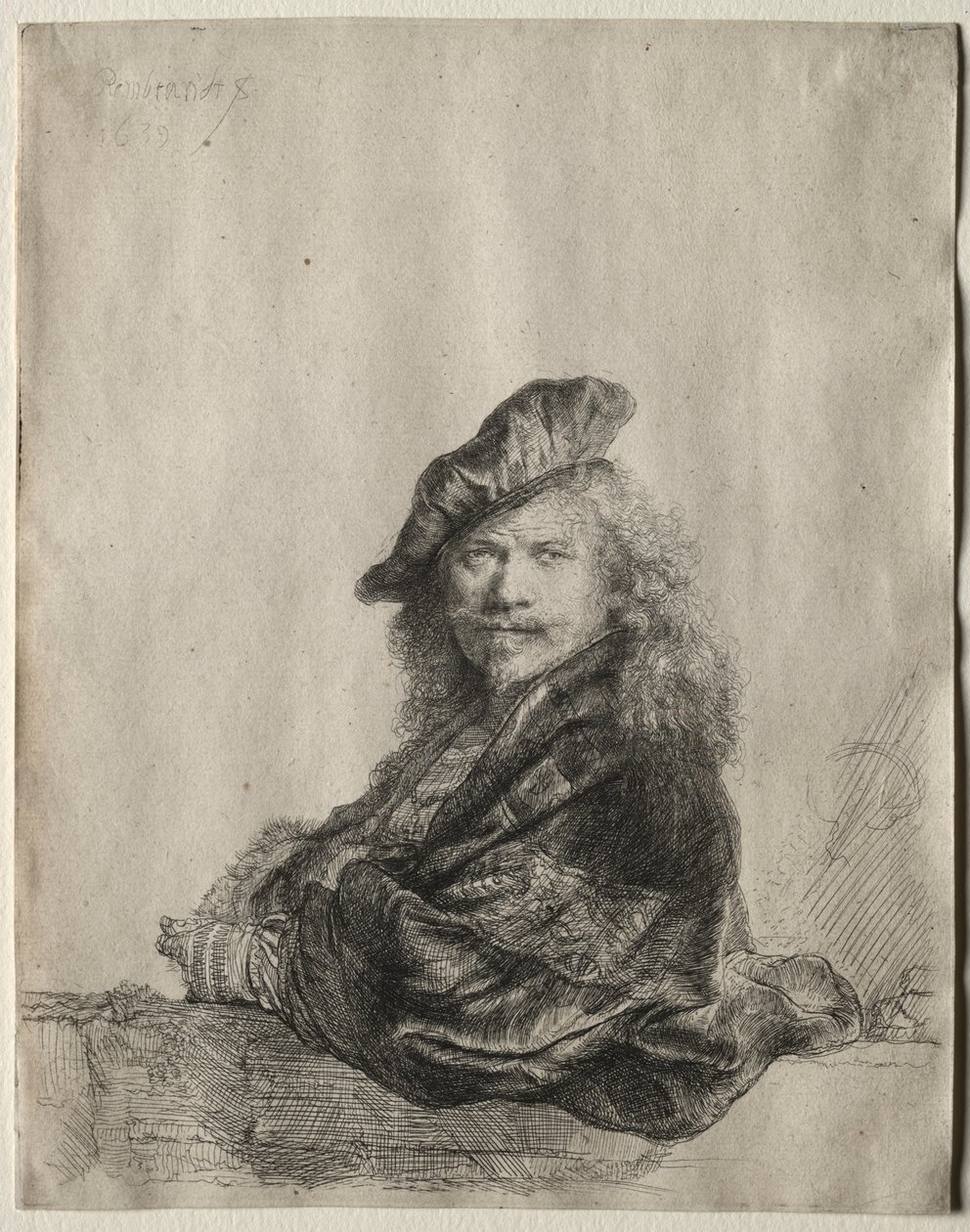 Auto-retrato, apoiando-se em um peitoril de pedra, 1639. de Rembrandt van Rijn
