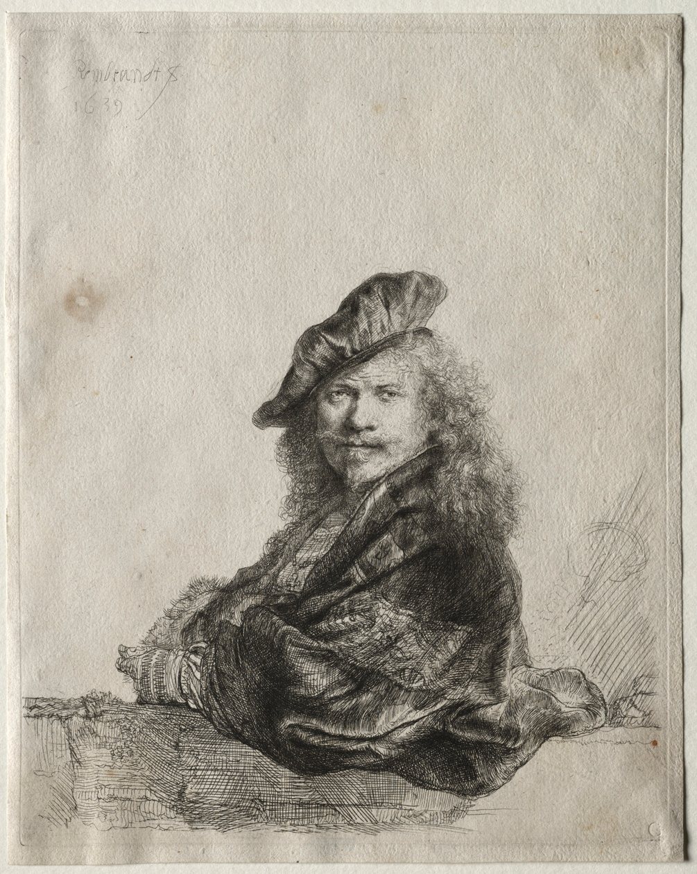 Auto-retrato encostado em um peitoril de pedra, 1639. de Rembrandt van Rijn