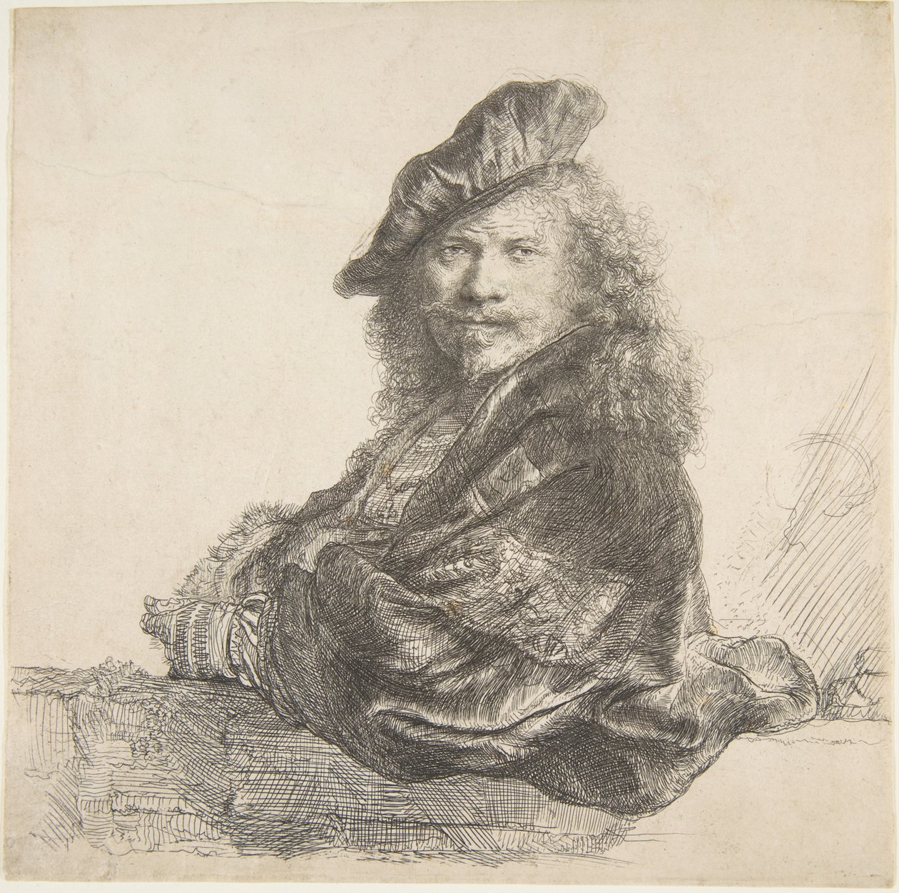 Auto-retrato, encostado em uma parede de pedra, 1639. de Rembrandt van Rijn