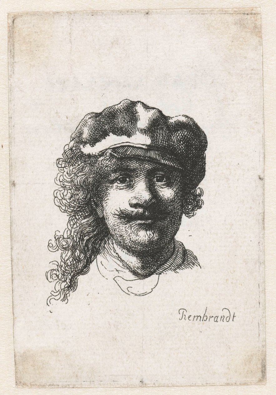 Auto-retrato usando um boné macio: rosto inteiro, apenas cabeça, c. 1635. de Rembrandt van Rijn