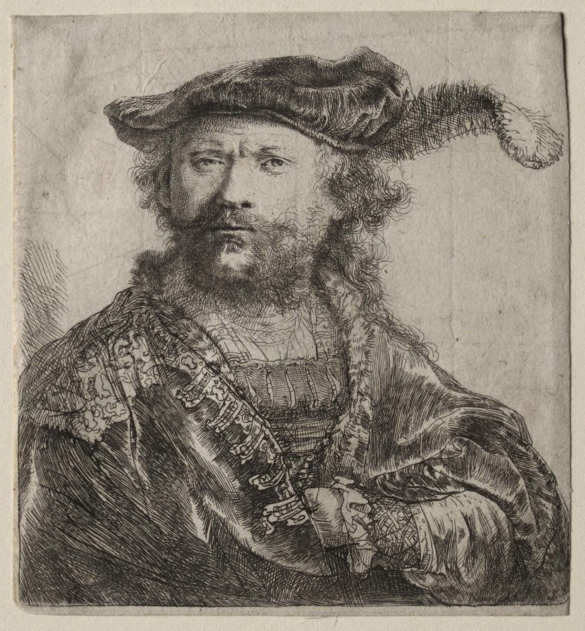 Auto-retrato em boné de veludo com Plume, 1638. de Rembrandt van Rijn