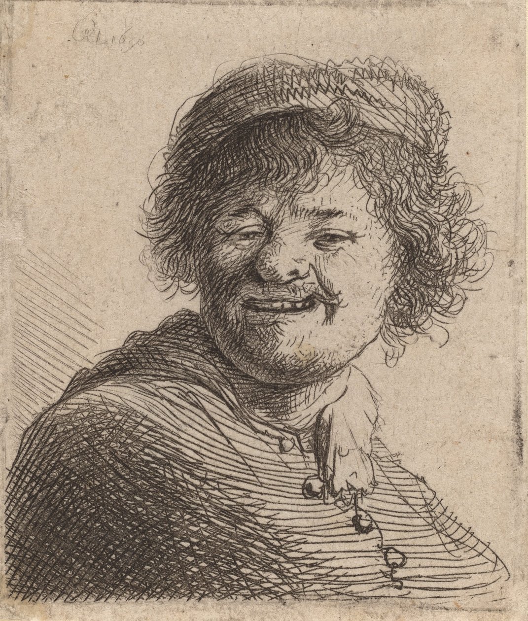 Auto-retrato em um boné: rindo, 1630. de Rembrandt van Rijn