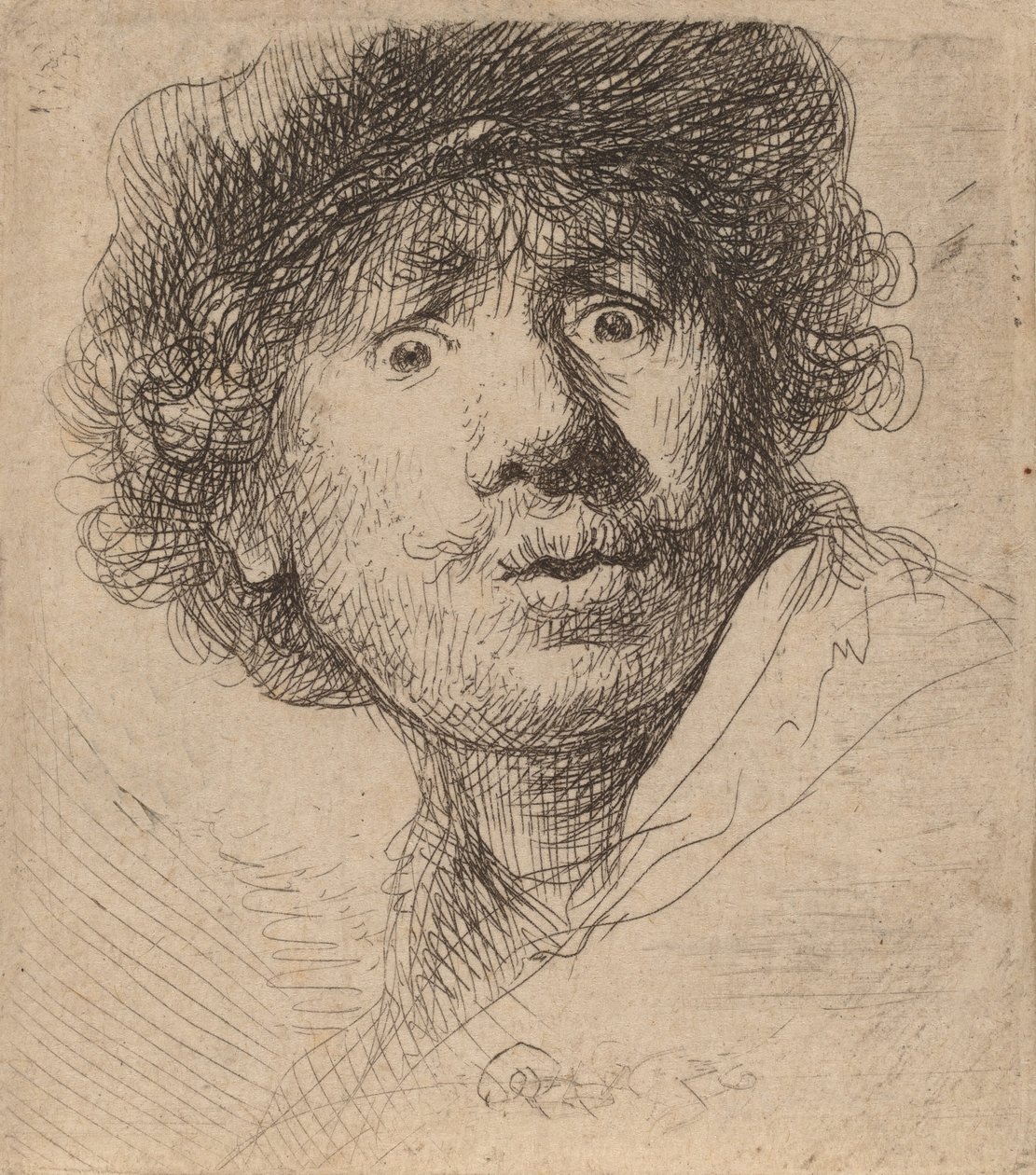 Auto-retrato de boné, boca aberta, 1630. de Rembrandt van Rijn