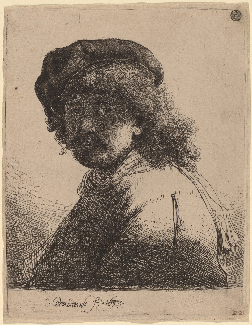 Autorretrato de boné e lenço com o rosto escuro de Rembrandt van Rijn