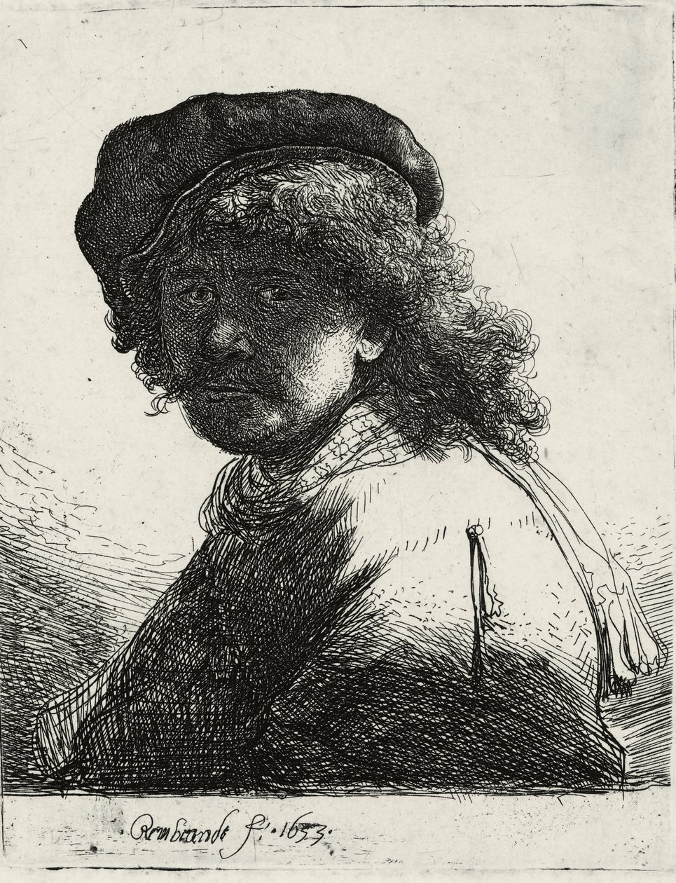 Auto-retrato em um boné e lenço com o rosto escuro, 1633 de Rembrandt van Rijn