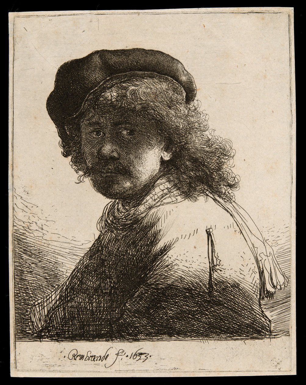 Autorretrato de boné e lenço com o rosto escuro: busto de Rembrandt van Rijn