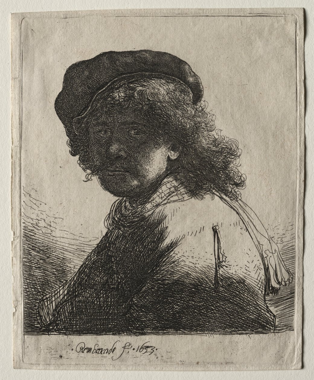 Autorretrato de boné e lenço com o rosto escuro: busto de Rembrandt van Rijn