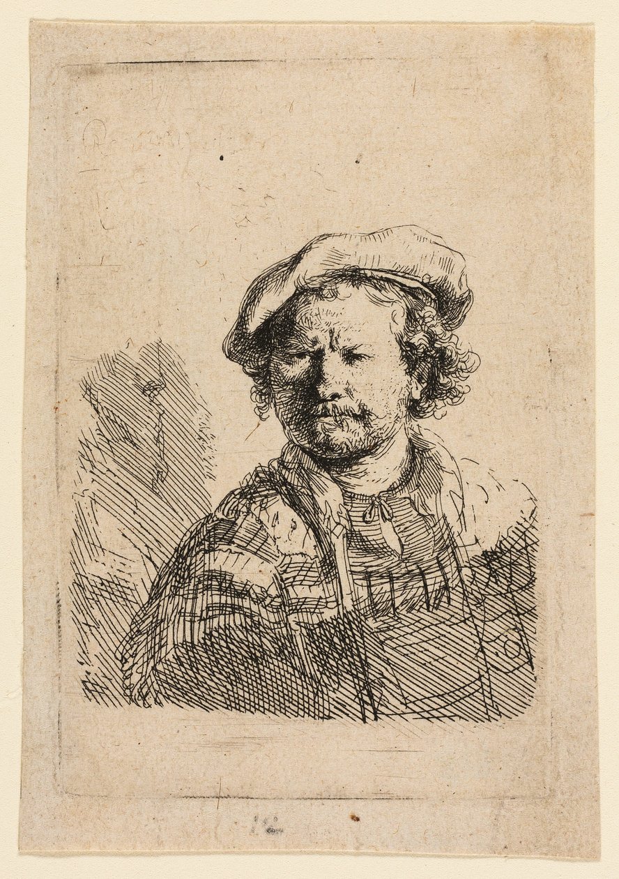 Autorretrato com boné liso e vestido bordado de Rembrandt van Rijn