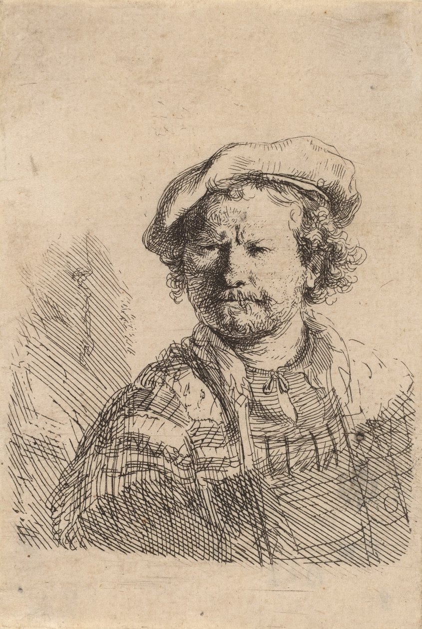 Auto-retrato com gorro plano e vestido bordado, c. 1642. de Rembrandt van Rijn