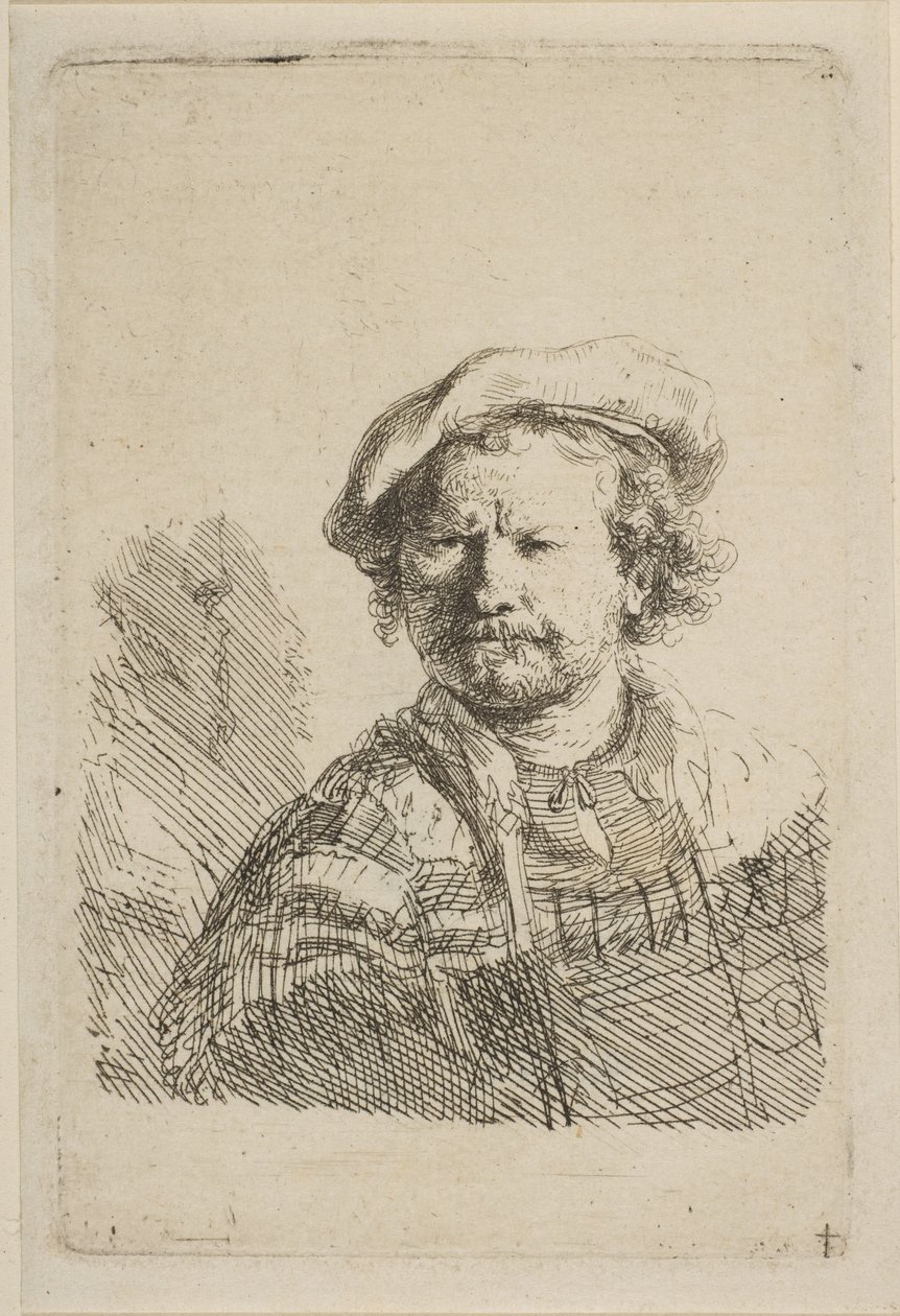 Auto-retrato em uma tampa plana e vestido bordado, ca. 1642 de Rembrandt van Rijn