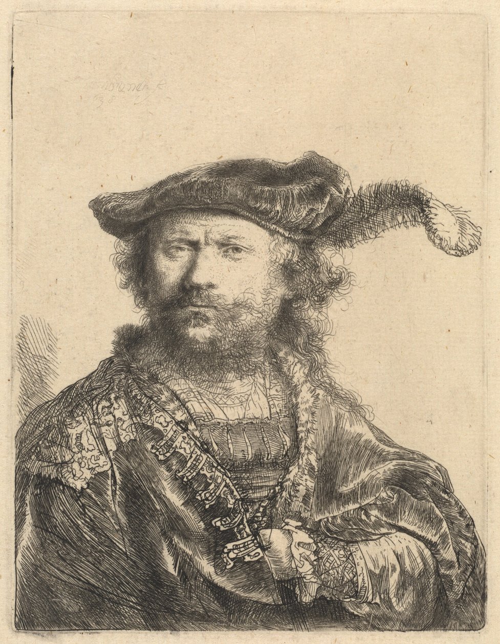 Auto-retrato em um gorro de veludo com pluma de Rembrandt van Rijn