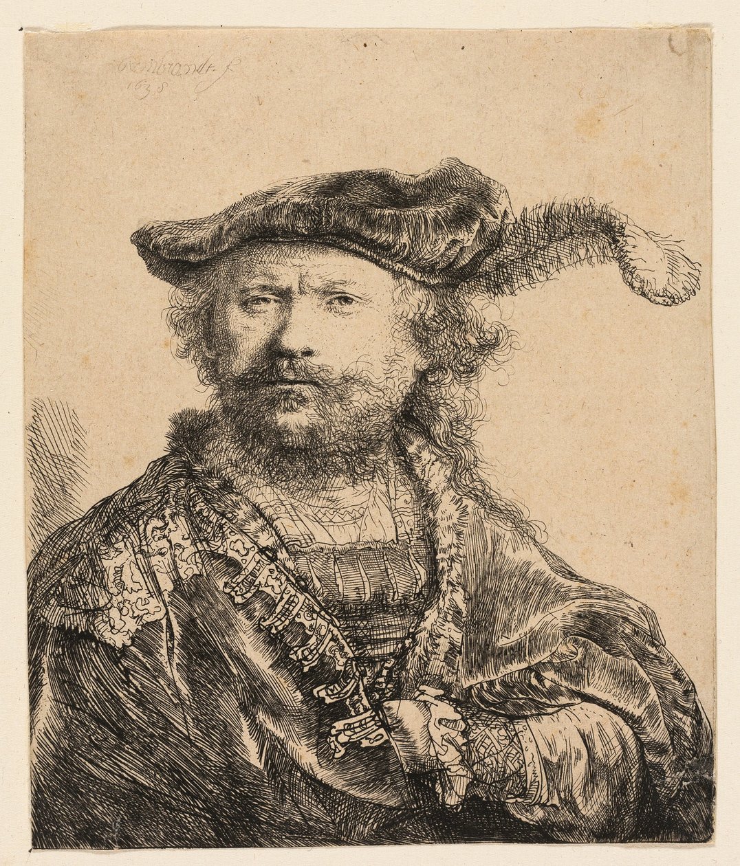 Auto-retrato em um gorro de veludo com pluma de Rembrandt van Rijn