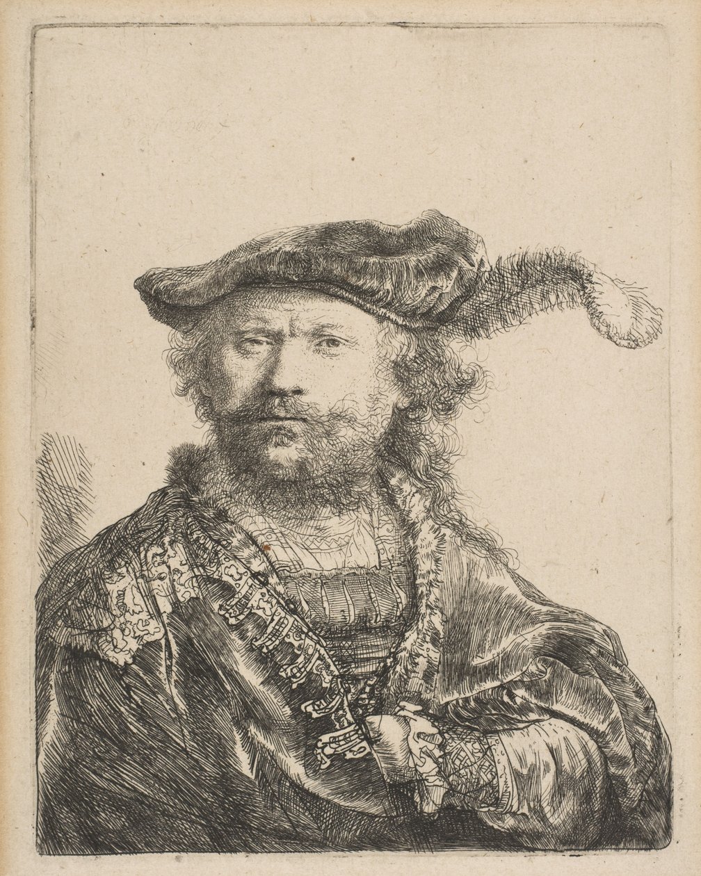 Auto-retrato em um boné de veludo com Plume, 1638. de Rembrandt van Rijn