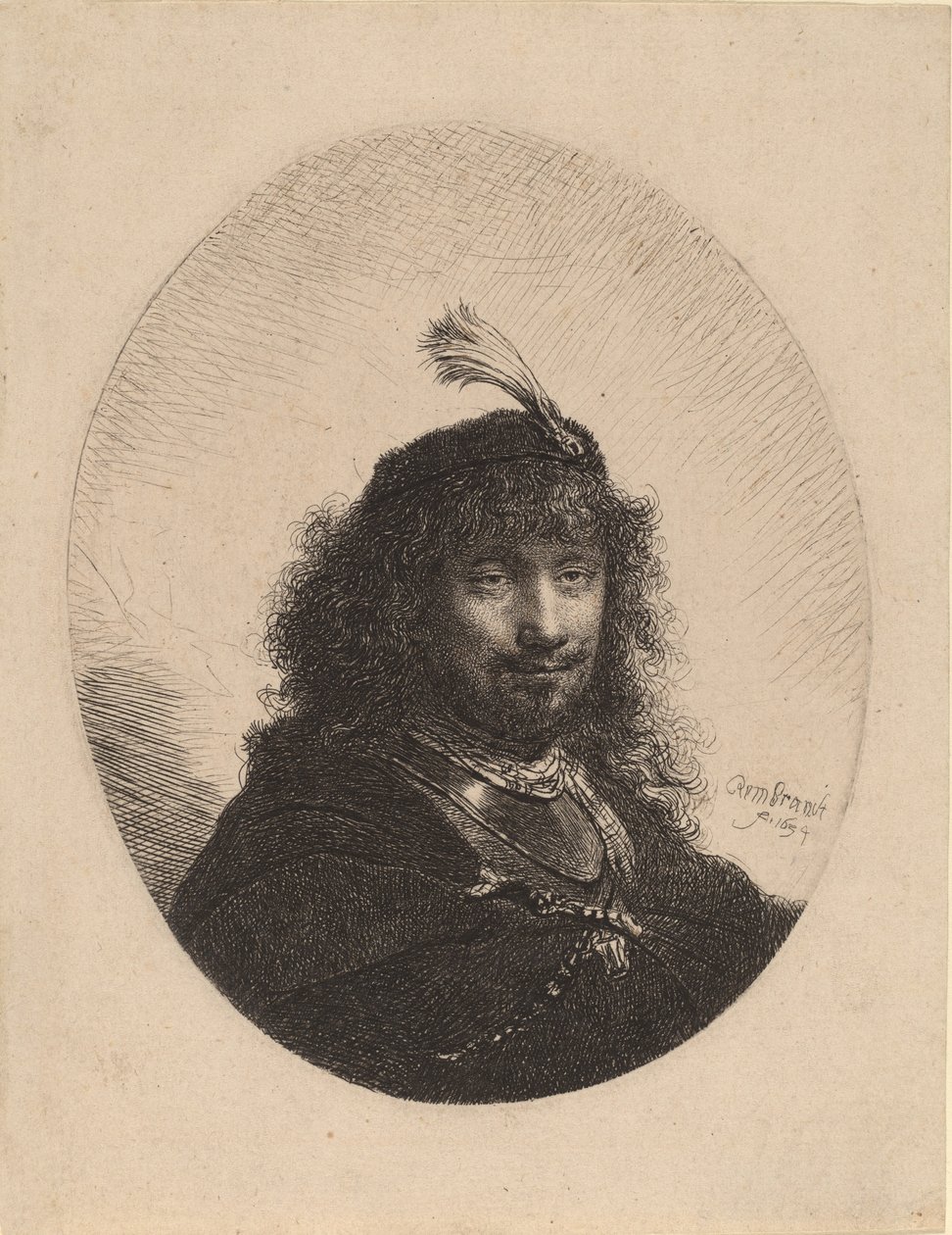 Autorretrato com gorro emplumado e sabre rebaixado, 1634. de Rembrandt van Rijn