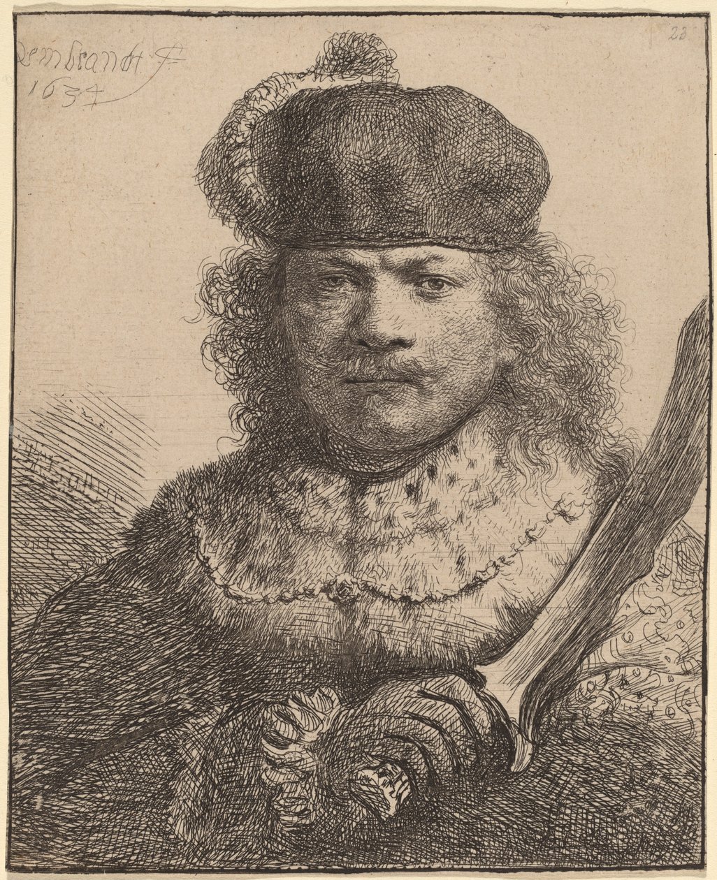 Autorretrato com Sabre Erguido de Rembrandt van Rijn