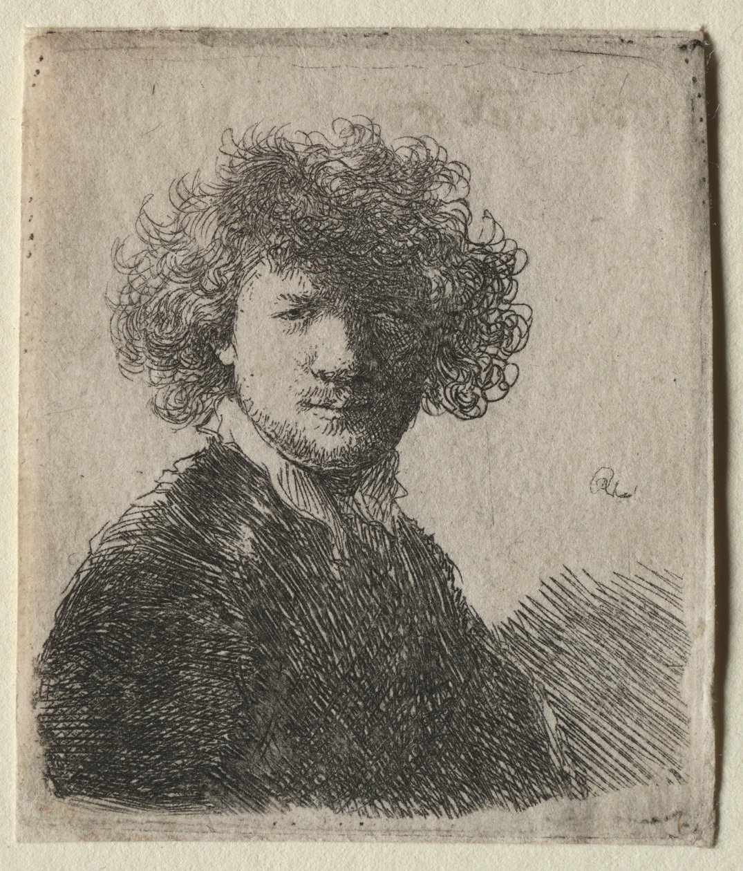 Auto-retrato com cabelos cacheados e colarinho branco: Busto, c. 1630 de Rembrandt van Rijn
